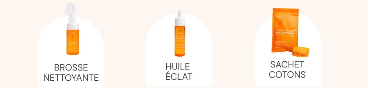 Les 3 soins de la routine : nettoyant purifiant, boîte de cotons curcuma, huile visage