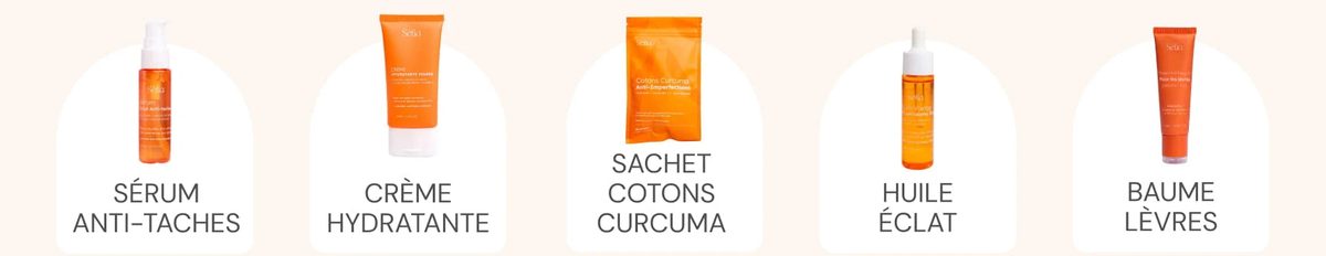 Les 5 produits de la routine : cotons au curcuma, sérum anti-taches, huile visage, crème hydratante, baume lèvres