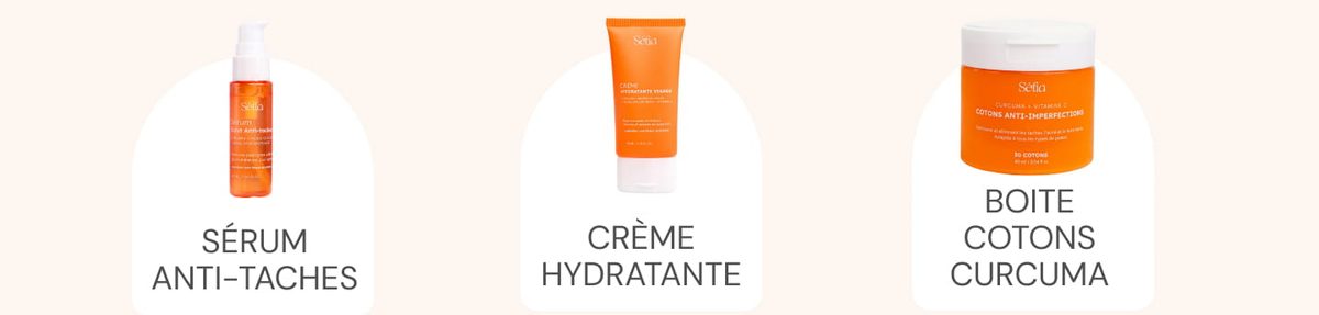Les 3 produits de la routine : sérum anti-taches, crème hydratante, boîte de cotons curcuma