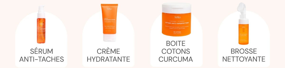 Les 4 soins de la routine : sérum anti-taches, crème hydratante, boîte de cotons curcuma, brosse nettoyante