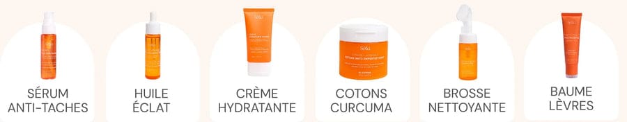 Les 6 produits de la routine : sérum anti-taches, huile éclat, crème hydratante, cotons curcuma, brosse nettoyante, baume lèvres